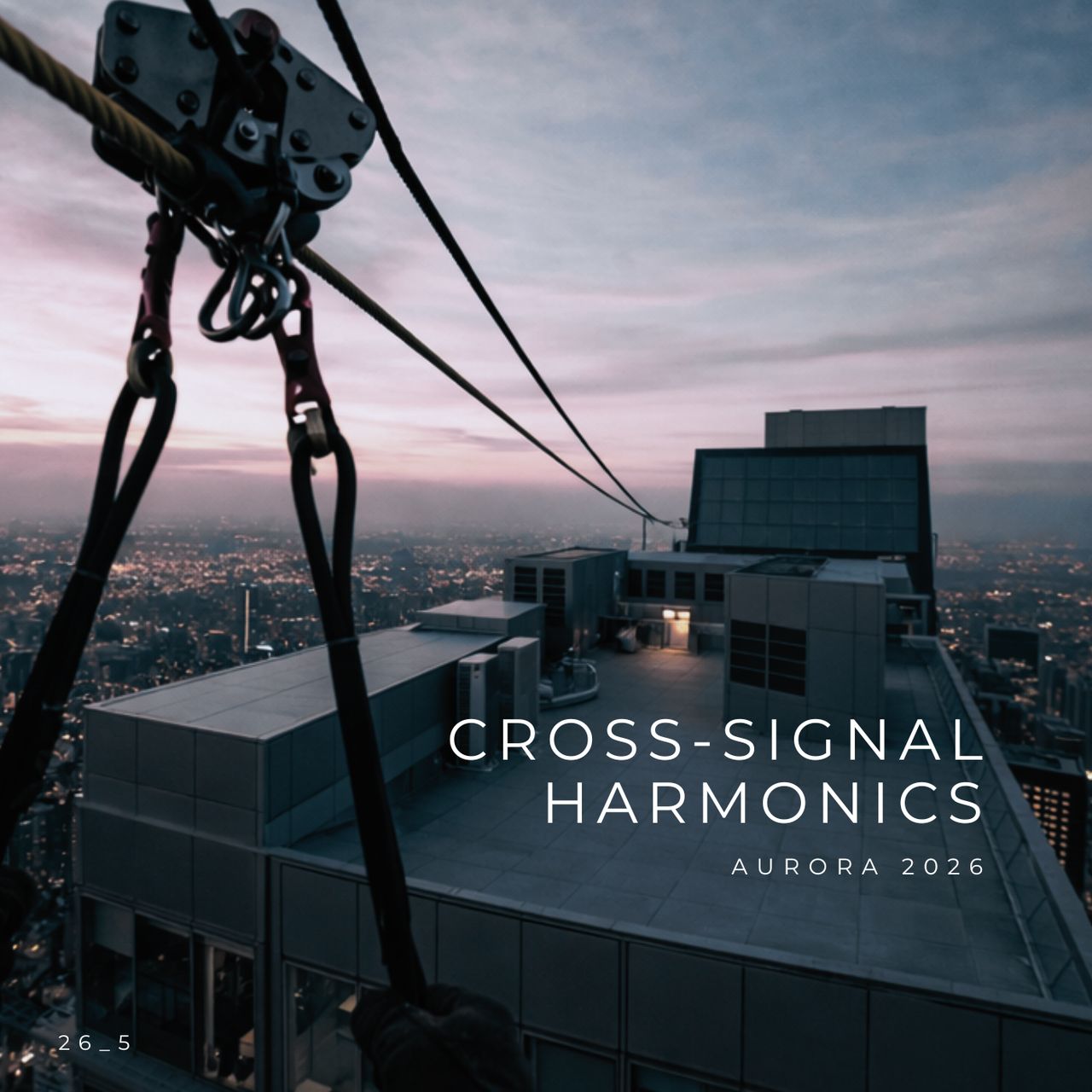 A zipline extends from the top of a skyscraper at dusk, overlooking a cityscape with twinkling lights.