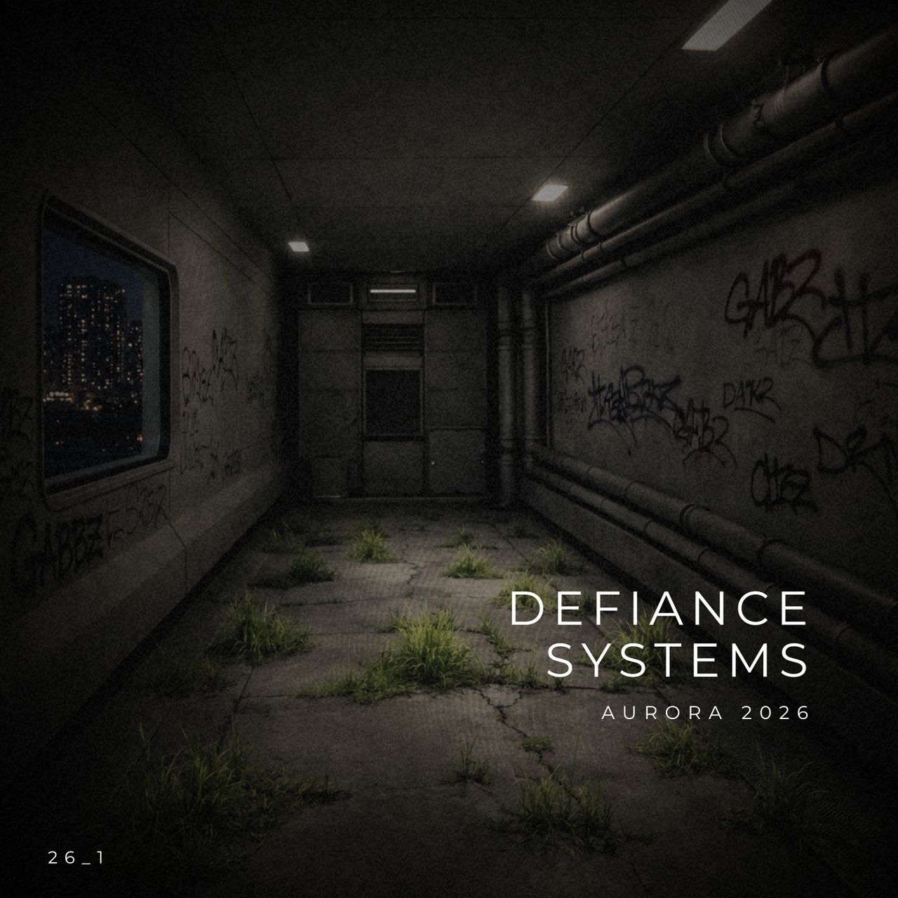 Dimly lit corridor with graffiti on walls and grass on the concrete floor. A window reveals a cityscape.