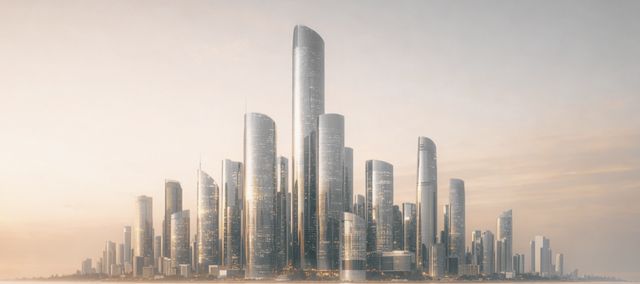 A cityscape bathed in warm, golden light, dominated by towering skyscrapers.