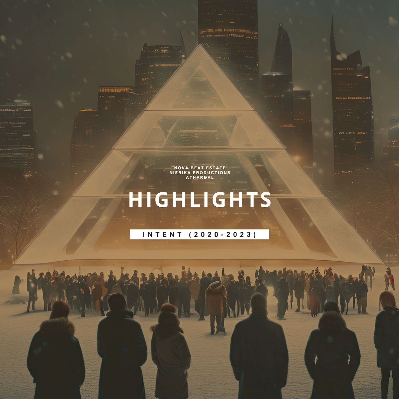 A group of people staring at a huge glowing translucent pyramid installation at a modern city square.